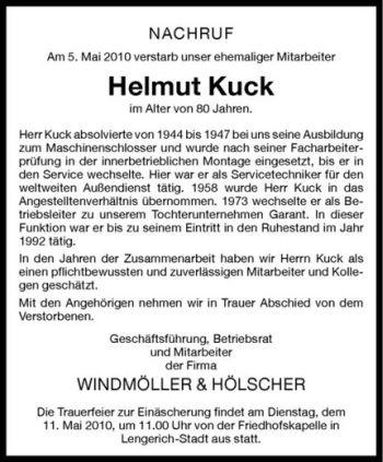 Todesanzeige von Helmut Kuck von Westfälische Nachrichten