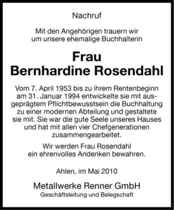 Todesanzeige von Bernhardine Rosendahl von Westfälische Nachrichten