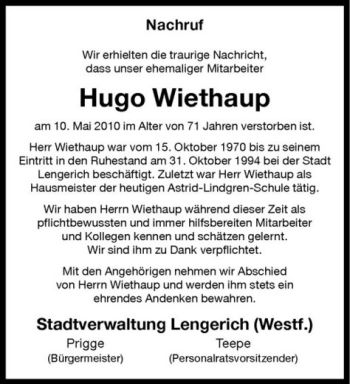 Todesanzeige von Hugo Wiethaup von Westfälische Nachrichten