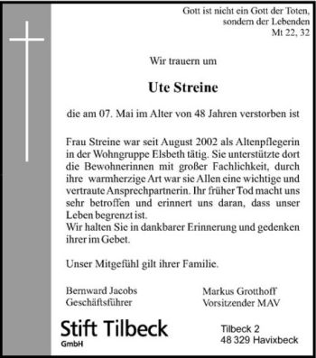 Todesanzeige von Ute Streine von Westfälische Nachrichten