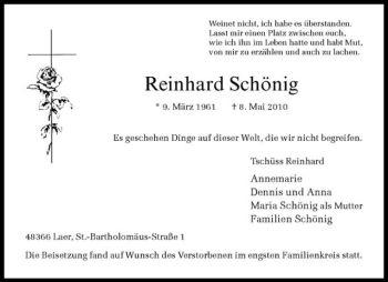 Todesanzeige von Reinhard Schönig von Westfälische Nachrichten