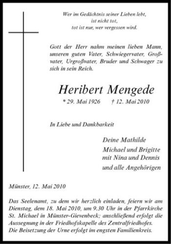 Todesanzeige von Heribert Mengede von Westfälische Nachrichten