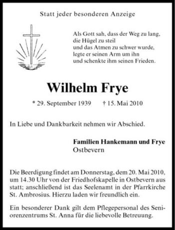 Todesanzeige von Wilhelm Frye von Westfälische Nachrichten