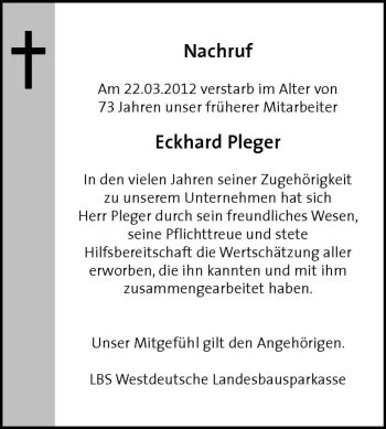 Todesanzeige von Eckhard Pleger von Westfälische Nachrichten