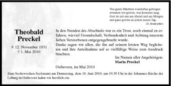 Todesanzeige von Theobald Preckel von Westfälische Nachrichten