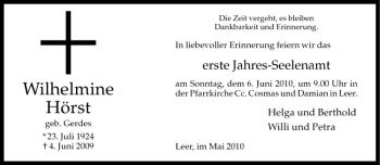 Todesanzeige von Wilhelmine Hörst von Westfälische Nachrichten