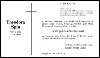 Todesanzeige von Theodora Spin von Westfälische Nachrichten