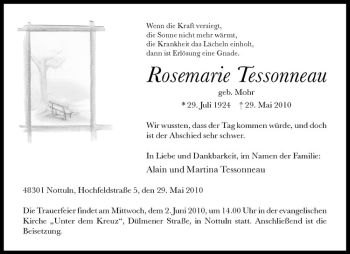 Todesanzeige von Rosemarie Tessoneau von Westfälische Nachrichten