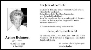 Todesanzeige von Aenne Bohmert von Westfälische Nachrichten