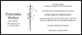 Todesanzeige von Franziska Wehry von Westfälische Nachrichten