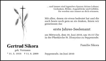 Todesanzeige von Gertud Sikora von Westfälische Nachrichten
