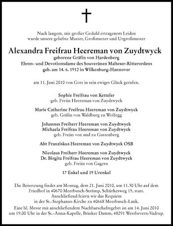 Todesanzeige von Alexandra Freifrau Heereman von Zuydtwyck von Westfälische Nachrichten