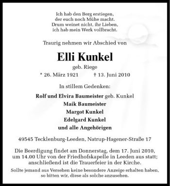 Todesanzeige von Elli Kunkel von Westfälische Nachrichten