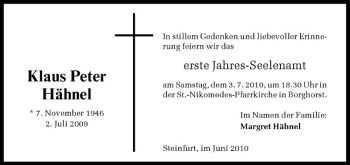 Todesanzeige von Klaus Peter Hähnel von Westfälische Nachrichten