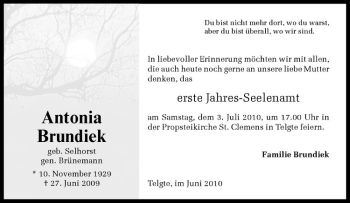 Todesanzeige von Antonia Brundiek von Westfälische Nachrichten