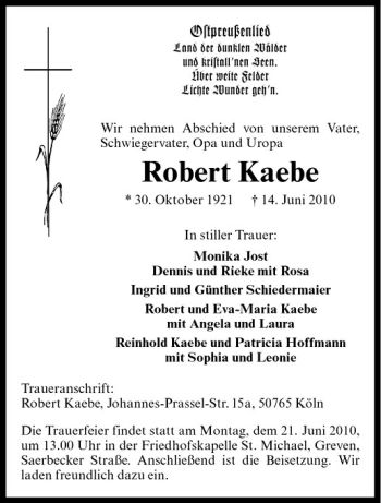 Todesanzeige von Robert Kaebe von Westfälische Nachrichten