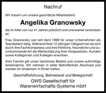 Todesanzeige von Angelika Granowsky von Westfälische Nachrichten
