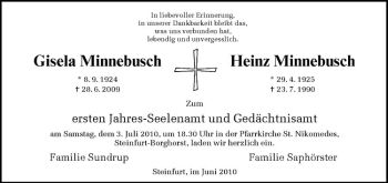 Todesanzeige von Gisela Minnebusch von Westfälische Nachrichten
