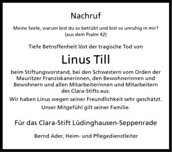 Todesanzeige von Linus Till von Westfälische Nachrichten