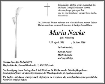 Todesanzeige von Maria Nacke von Westfälische Nachrichten