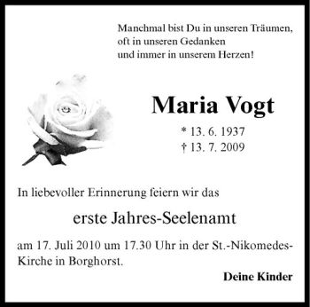 Todesanzeige von Maria Vogt von Westfälische Nachrichten