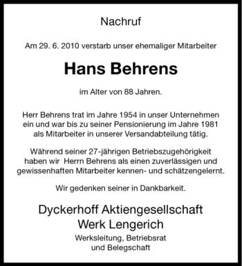 Todesanzeige von Hans Behrens von Westfälische Nachrichten