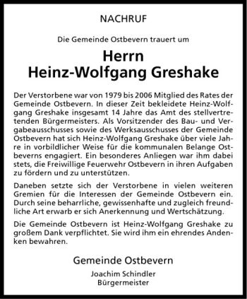 Todesanzeige von Heinz-Wolfgang Greshake von Westfälische Nachrichten