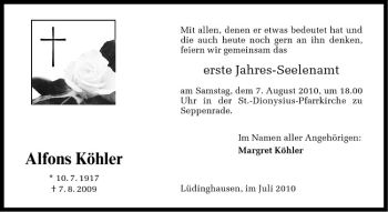 Todesanzeige von Alphons Köhler von Westfälische Nachrichten