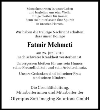 Todesanzeige von Fatmir Mehmeti von Westfälische Nachrichten