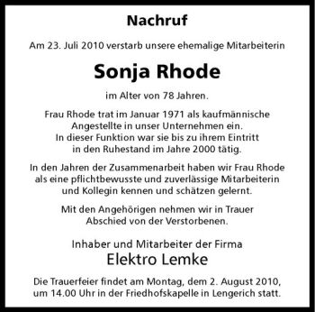 Todesanzeige von Sonja Rhode von Westfälische Nachrichten