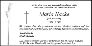 Todesanzeige von Maria Nacke von Westfälische Nachrichten