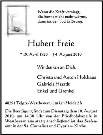 Todesanzeige von Hubert Freie von Westfälische Nachrichten