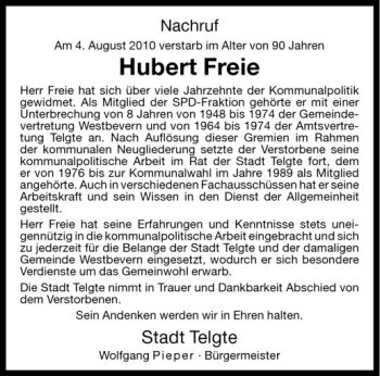 Todesanzeige von Hubert Freie von Westfälische Nachrichten
