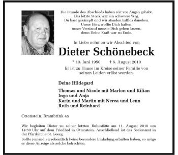 Todesanzeige von Dieter Schönebeck von Westfälische Nachrichten