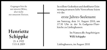 Todesanzeige von Henriette Schippke von Westfälische Nachrichten