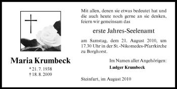 Todesanzeige von Maria Krumbeck von Westfälische Nachrichten