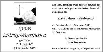 Todesanzeige von Agnes Entrup-Wortmann von Westfälische Nachrichten
