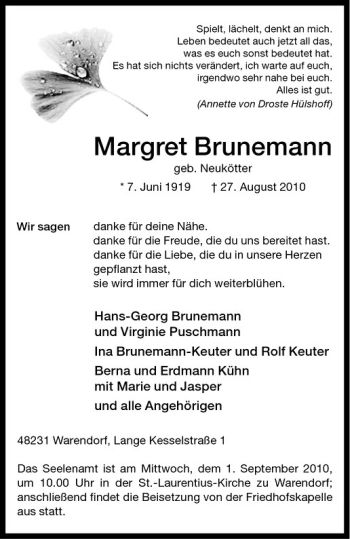 Todesanzeige von Margret Brunemann von Westfälische Nachrichten