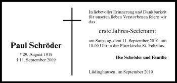 Todesanzeige von Paul Schröder von Westfälische Nachrichten