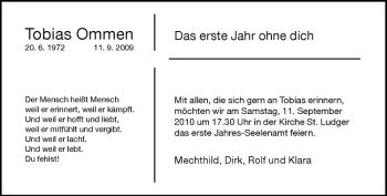 Todesanzeige von Tobias Ommen von Westfälische Nachrichten