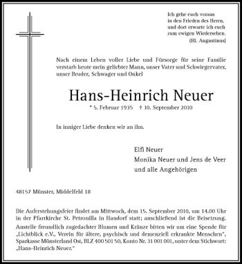 Todesanzeige von Hans-Heinrich Neuer von Westfälische Nachrichten
