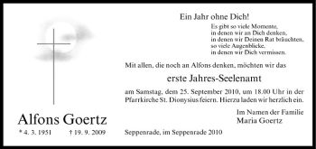 Todesanzeige von Alfons Goertz von Westfälische Nachrichten