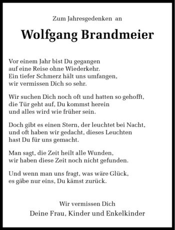 Todesanzeige von Wolfgang Brandmeier von Westfälische Nachrichten