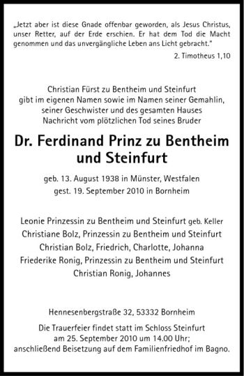 Todesanzeige von Ferdinand Prinz zu Bentheim und Steinfurt von Westfälische Nachrichten