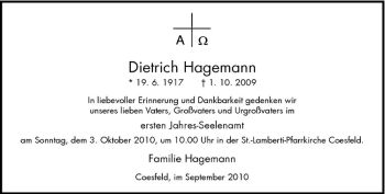Todesanzeige von Dietrich Hagemann von Westfälische Nachrichten