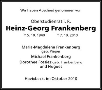 Todesanzeige von Heinz-Georg Frankenberg von Westfälische Nachrichten