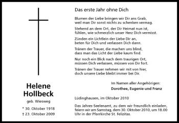 Todesanzeige von Helene Hollbeck von Westfälische Nachrichten