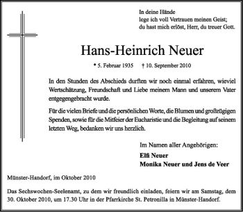 Todesanzeige von Hans-Heinrich Neuer von Westfälische Nachrichten