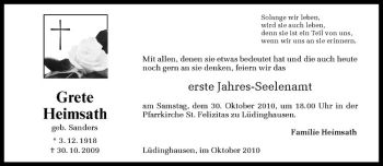 Todesanzeige von Grete Heimsath von Westfälische Nachrichten