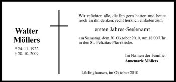 Todesanzeige von Walter Möllers von Westfälische Nachrichten